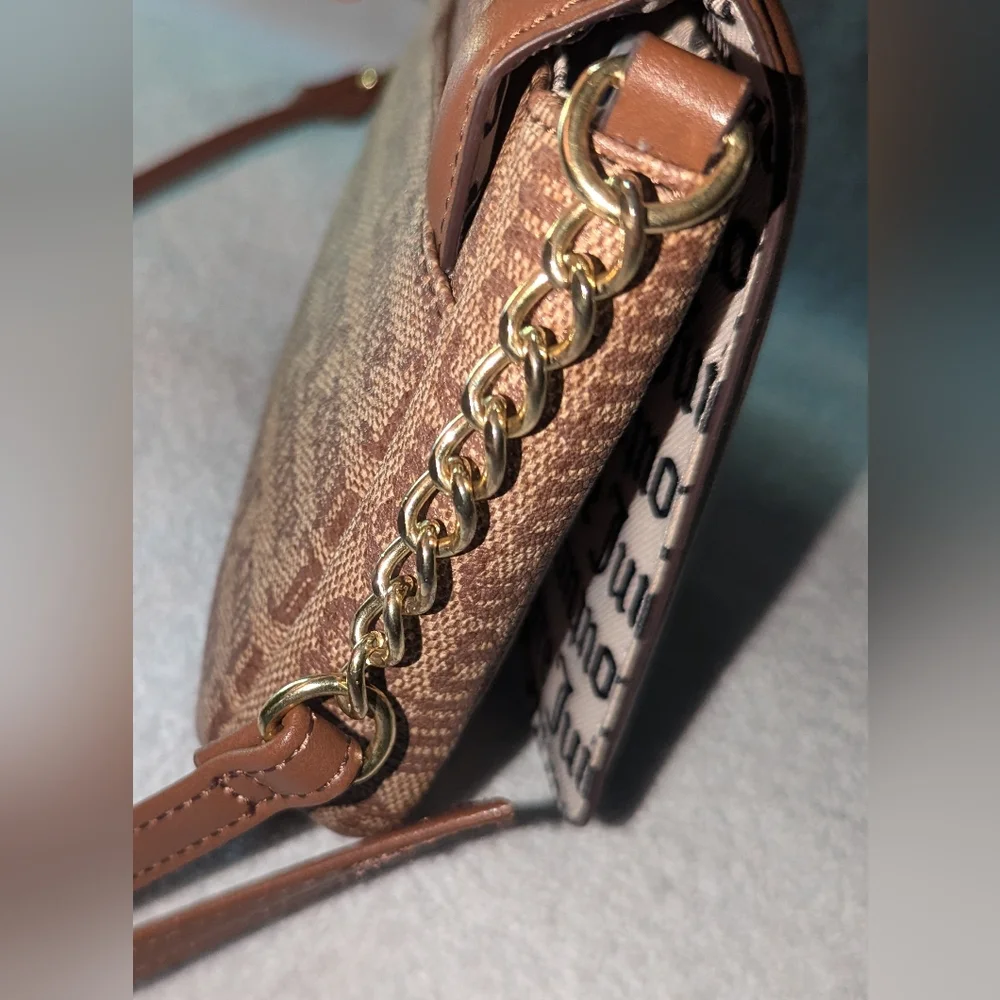Juicy Couture  Gothic Logo Chestnut Chino statement flap crossbody bag.